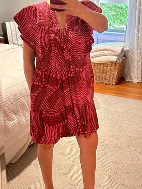 Anthropologie Maeve Red/ Pink Patterned Flutter-Sleeve Mini Dress